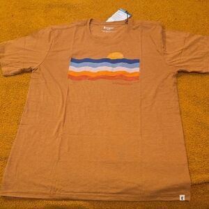 Cotopaxi Brown Tee with Colorful Stripe Design